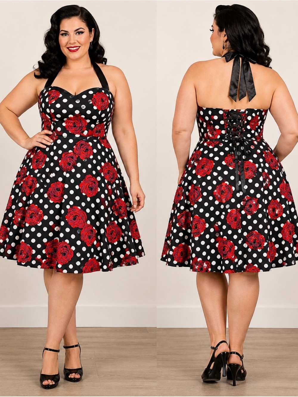 Retro Rose Polka Dot Halter Dress Corset Back Approx XL Pinup Rockabilly